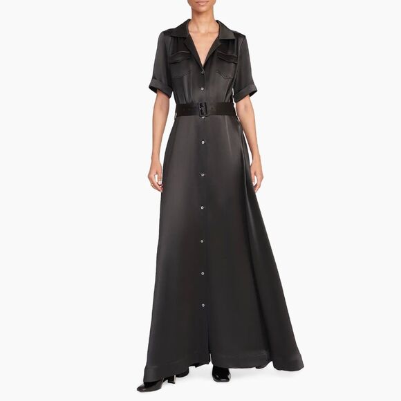 STAUD Dresses & Skirts - Staud Millie Satin Belted Maxi Shirt Dress in Black Size 6